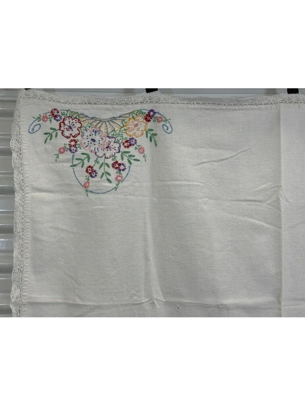 Vintage Hand Embroidered Flower Baskets Hand Crochet Trim Tablecloth